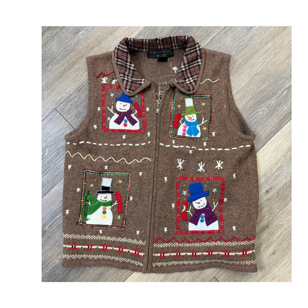 Hampshire Studio Snowman Sweater Vest Large Brown Christmas Holiday Knit